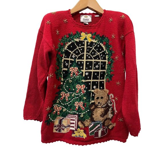 Tiara International Design Beaded Embroidered Bear Whimsical Bear Christmas Swea - Picture 1 of 10
